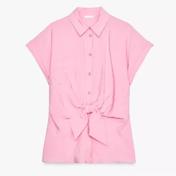 Zara Shirt Top Knotted Short Sleeve Pink Collared Basic Women L 3522/535 New - Picture 2 of 8